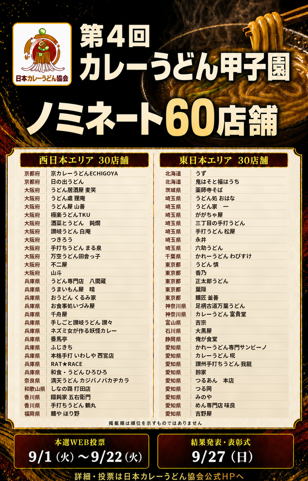 第4回カレーうどん甲子園 ノミネート60店舗発表ポスター（東日本30店舗・西日本30店舗の一覧と、本選WEB投票9月1日から9月22日・結果発表9月27日の日程）