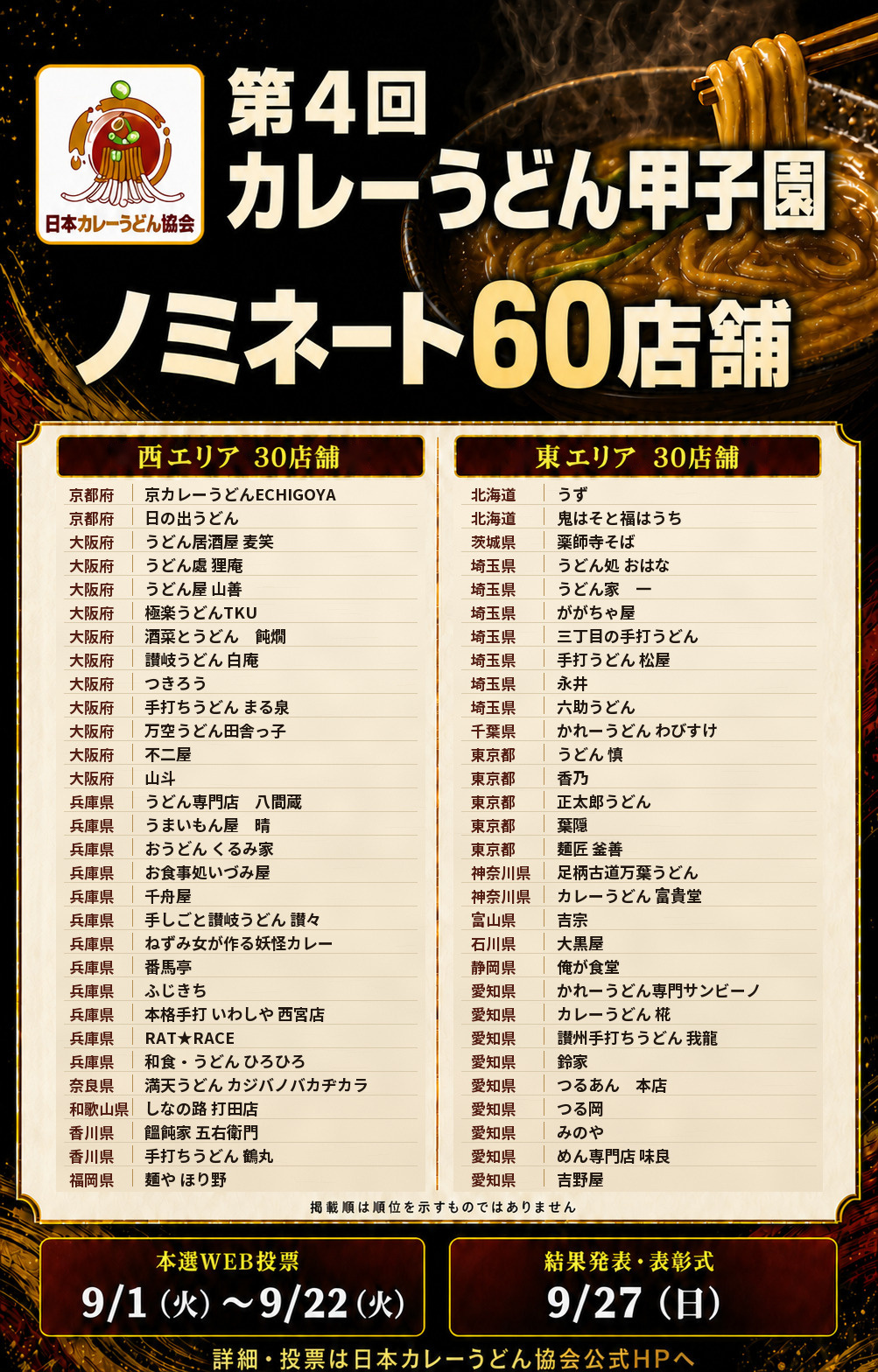第4回カレーうどん甲子園 ノミネート60店舗発表ポスター（東エリア30店舗・西エリア30店舗の一覧と、本選WEB投票9月1日から9月22日・結果発表9月27日の日程）